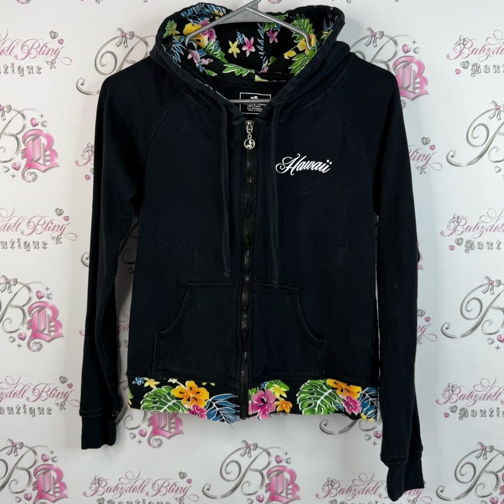 Island design collection sweater zip up Hawaii flowers Lined Black Hoodie Jacket
